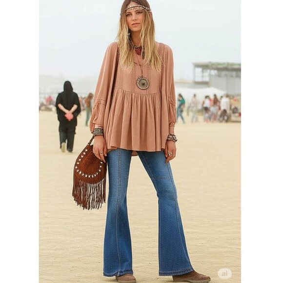 American Eagle Whimsy Boho Festival Balloon Sleeve Blouse Brown Size Small - Picture 3 of 9